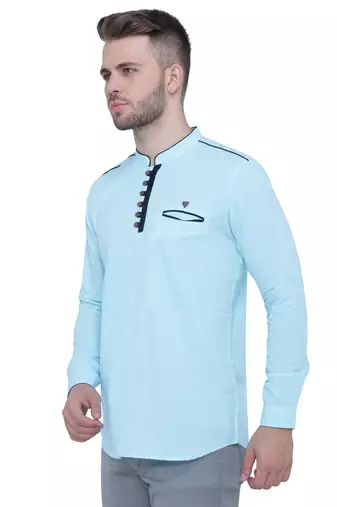 men's linen cotton turquoise short kurta for men