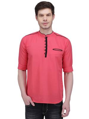 men's linen cotton tailored fit salmon pink short kurta for men 1