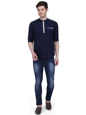men's linen cotton navy blue short kurta for men 4