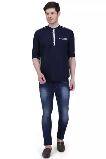 men's linen cotton navy blue short kurta for men