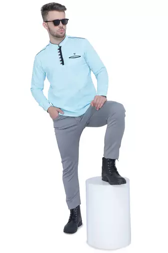 men's linen cotton turquoise short kurta for men