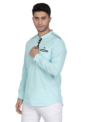 men's linen cotton turquoise short kurta for men 3