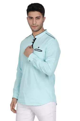 men's linen cotton turquoise short kurta for men