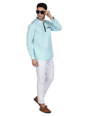 men's linen cotton turquoise short kurta for men 4