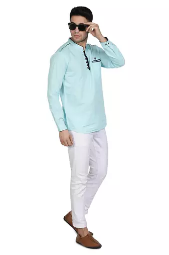 men's linen cotton turquoise short kurta for men