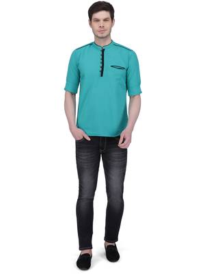 men's linen cotton forest green short kurta for men 4