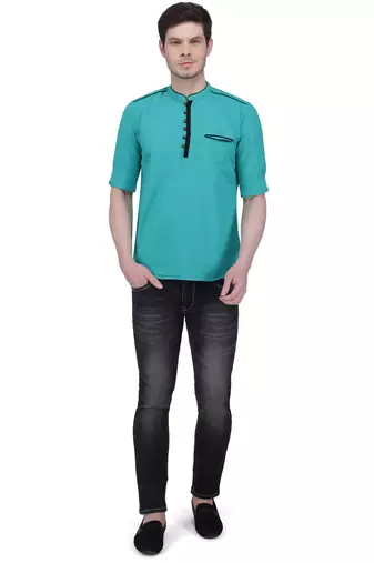 men's linen cotton forest green short kurta for men