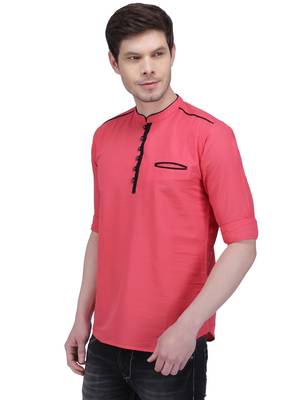men's linen cotton tailored fit salmon pink short kurta for men 3