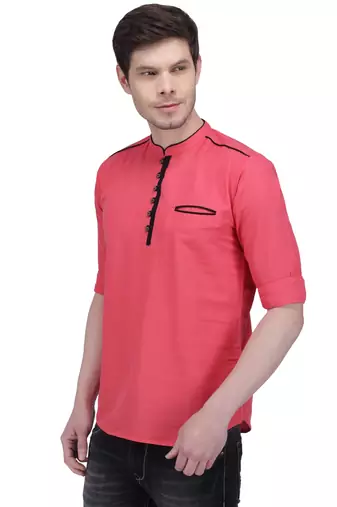men's linen cotton tailored fit salmon pink short kurta for men