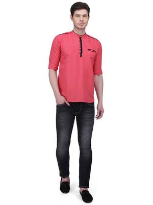 men's linen cotton tailored fit salmon pink short kurta for men 4