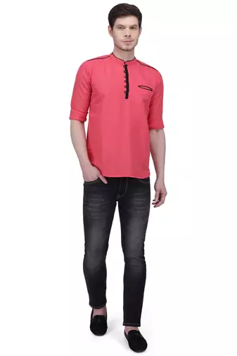 men's linen cotton tailored fit salmon pink short kurta for men