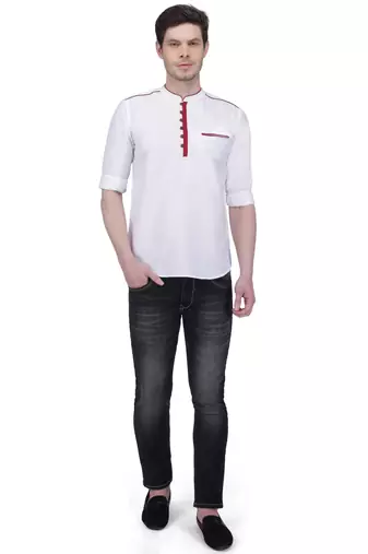 men's linen cotton white short kurta for men