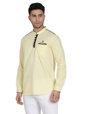 men's linen cotton cream yellow short kurta for men 3