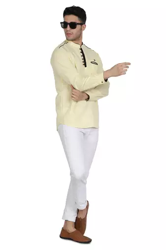 men's linen cotton cream yellow short kurta for men