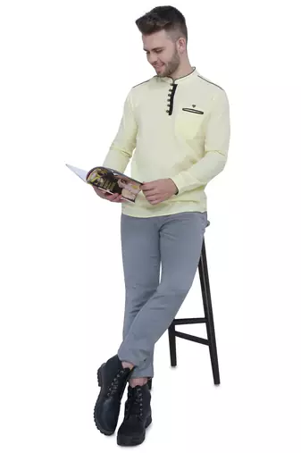men's linen cotton cream yellow short kurta for men