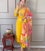 Yellow Embroidered Viscose Fabric Straight Kurta, Pant and Dupatta Set