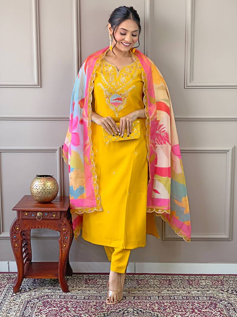 Yellow Embroidered Viscose Fabric Straight Kurta, Pant and Dupatta Set