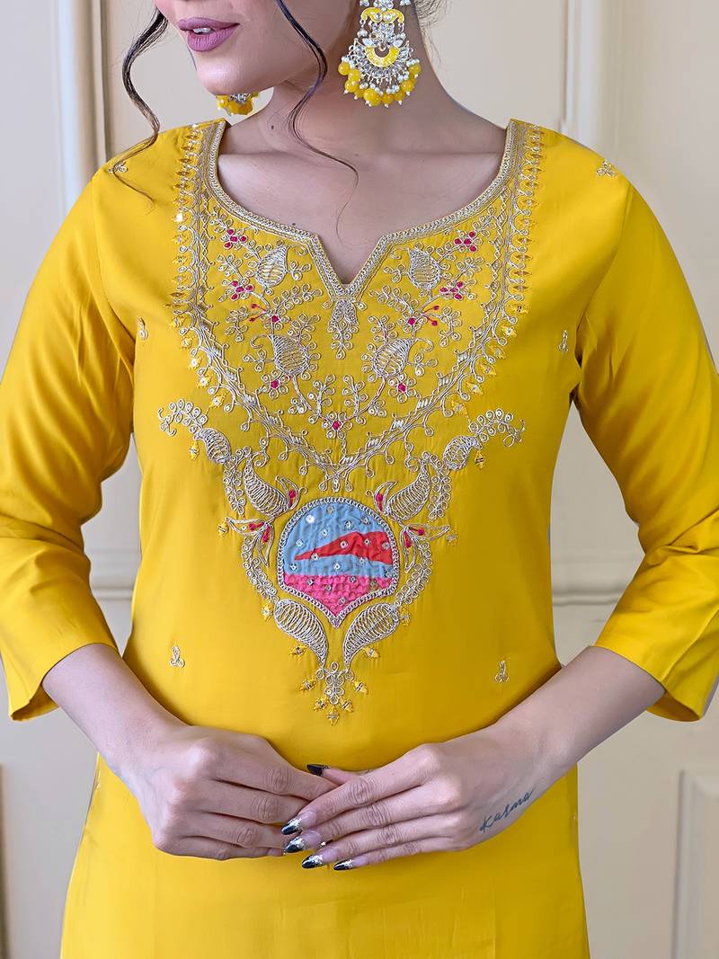 Yellow Embroidered Viscose Fabric Straight Kurta, Pant and Dupatta Set