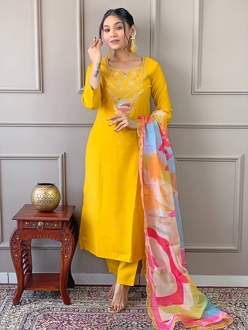 Yellow Embroidered Viscose Fabric Straight Kurta, Pant and Dupatta Set