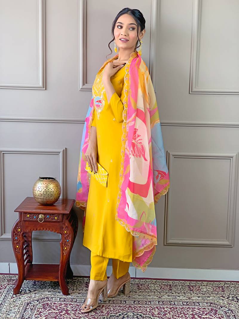 Yellow Embroidered Viscose Fabric Straight Kurta, Pant and Dupatta Set