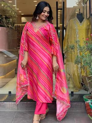 Leheriya printed Embroidered Silk Blend Fabric Straight Kurta, Pant and Dupatta Set 1