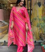 Leheriya printed Embroidered Silk Blend Fabric Straight Kurta, Pant and Dupatta Set