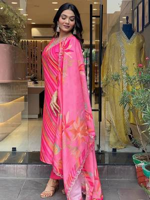 Leheriya printed Embroidered Silk Blend Fabric Straight Kurta, Pant and Dupatta Set 3