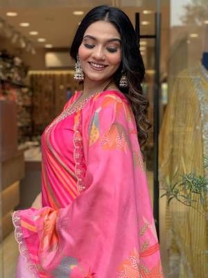 Leheriya printed Embroidered Silk Blend Fabric Straight Kurta, Pant and Dupatta Set 4