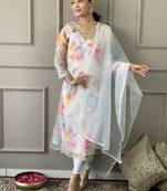 Organza Printed Fabric Off White color Straight Kurta, Pant and Dupatta Set