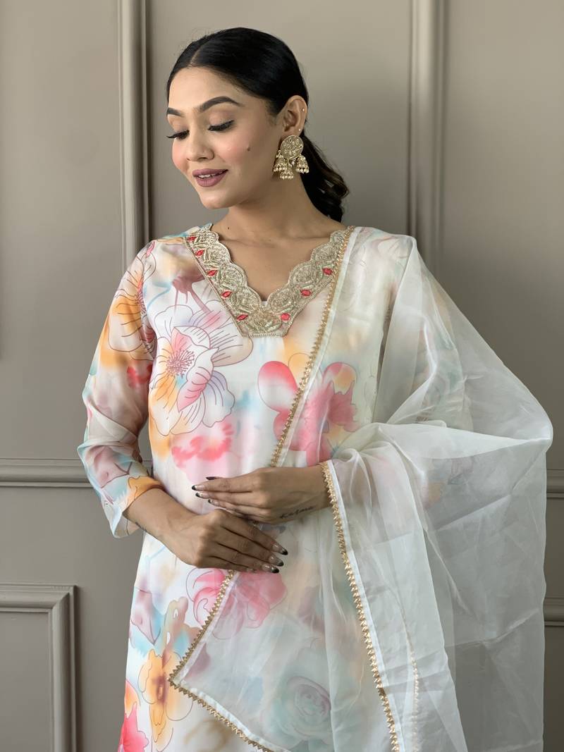 Organza Printed Fabric Off White color Straight Kurta, Pant and Dupatta Set