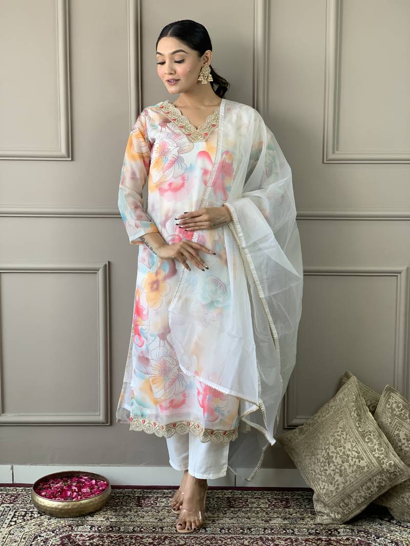 Organza Printed Fabric Off White color Straight Kurta, Pant and Dupatta Set