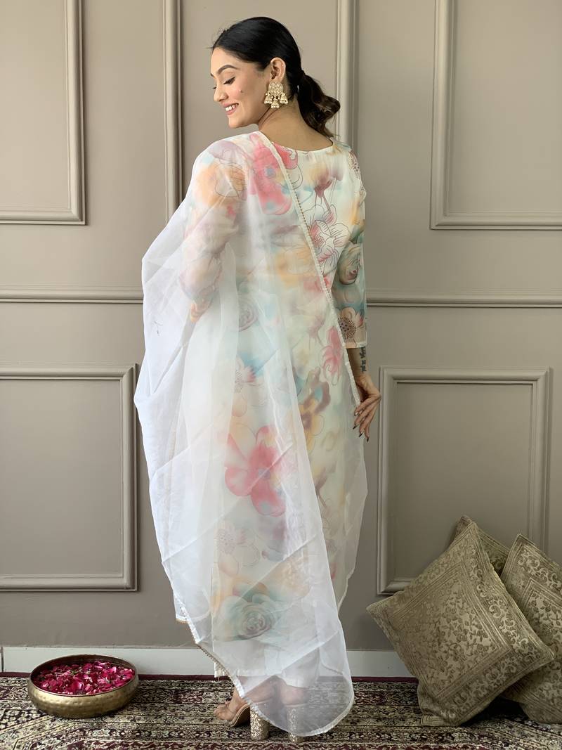 Organza Printed Fabric Off White color Straight Kurta, Pant and Dupatta Set