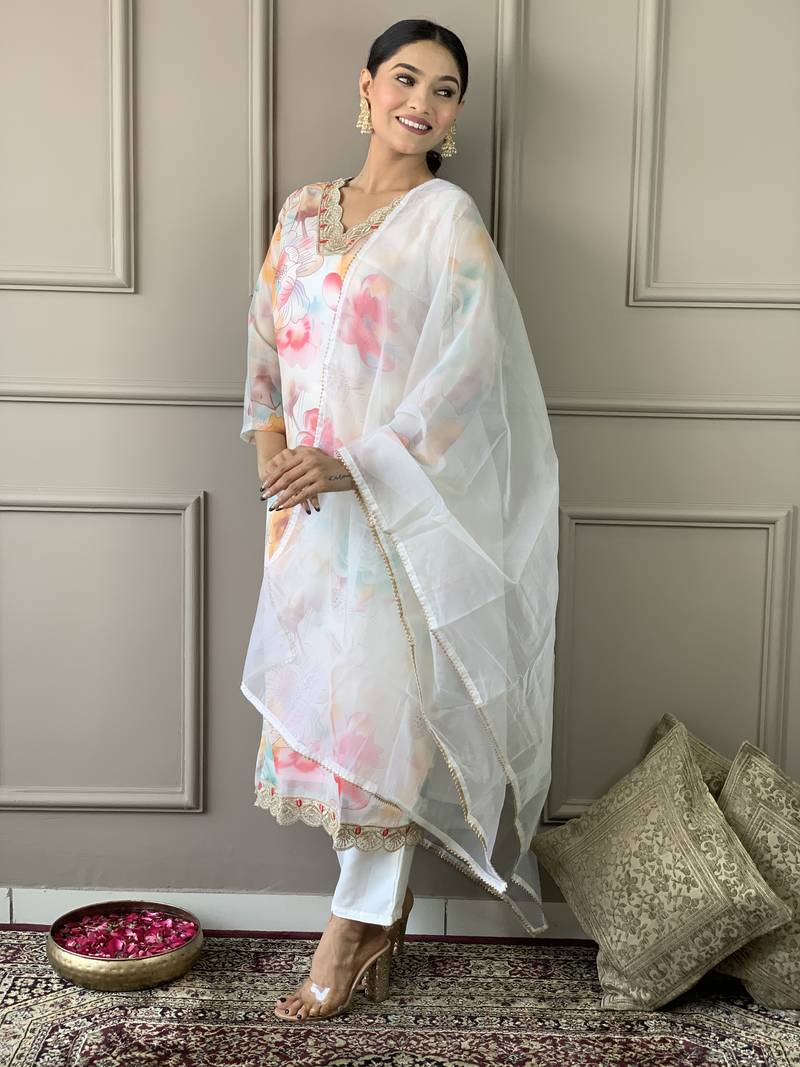 Organza Printed Fabric Off White color Straight Kurta, Pant and Dupatta Set