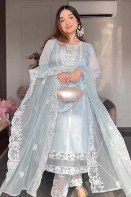 Bluest Sky Organza Fabric Embroidered Straight Kurta, Pant and Dupatta Set 2