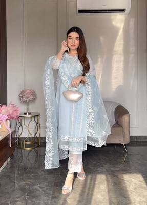 Bluest Sky Organza Fabric Embroidered Straight Kurta, Pant and Dupatta Set 1
