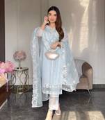 Bluest Sky Organza Fabric Embroidered Straight Kurta, Pant and Dupatta Set