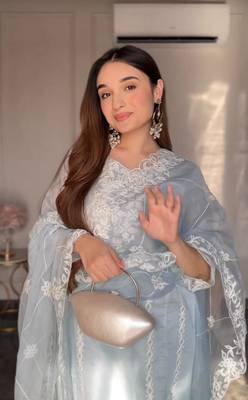 Bluest Sky Organza Fabric Embroidered Straight Kurta, Pant and Dupatta Set 4