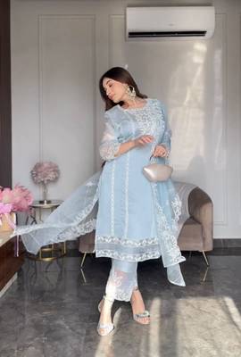 Bluest Sky Organza Fabric Embroidered Straight Kurta, Pant and Dupatta Set 5