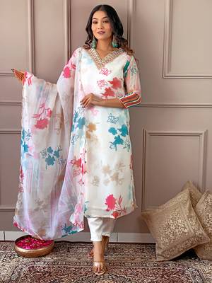 Cream Organza with Cotton lining Floral Digital Printed Fabric Work Straight Kurta, Pant and Dupatta Set 1