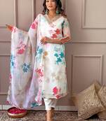 Cream Organza with Cotton lining Floral Digital Printed Fabric Work Straight Kurta, Pant and Dupatta Set