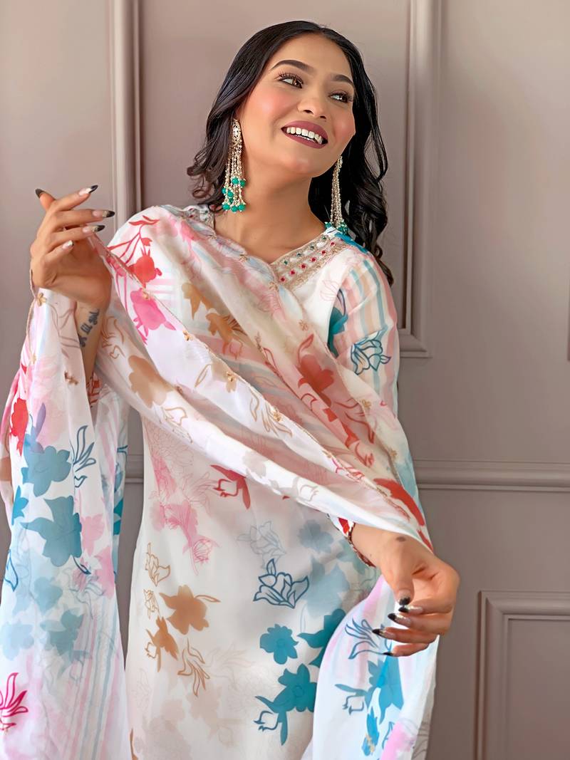 Cream Organza with Cotton lining Floral Digital Printed Fabric Work Straight Kurta, Pant and Dupatta Set
