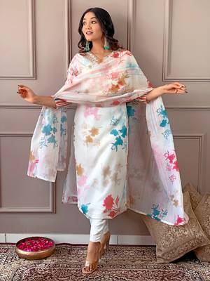 Cream Organza with Cotton lining Floral Digital Printed Fabric Work Straight Kurta, Pant and Dupatta Set 3