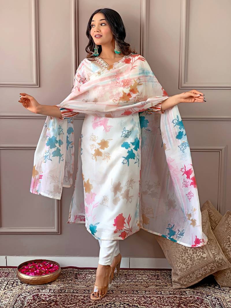Cream Organza with Cotton lining Floral Digital Printed Fabric Work Straight Kurta, Pant and Dupatta Set