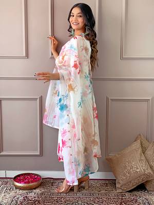 Cream Organza with Cotton lining Floral Digital Printed Fabric Work Straight Kurta, Pant and Dupatta Set 4