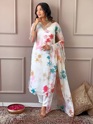 Cream Organza with Cotton lining Floral Digital Printed Fabric Work Straight Kurta, Pant and Dupatta Set 5