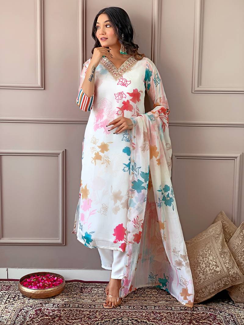 Cream Organza with Cotton lining Floral Digital Printed Fabric Work Straight Kurta, Pant and Dupatta Set