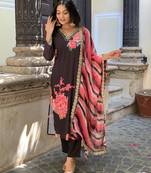 Black Muslin Fabric Printed and Embroidered work Straight cut Kurta Pant and Dupatta Set