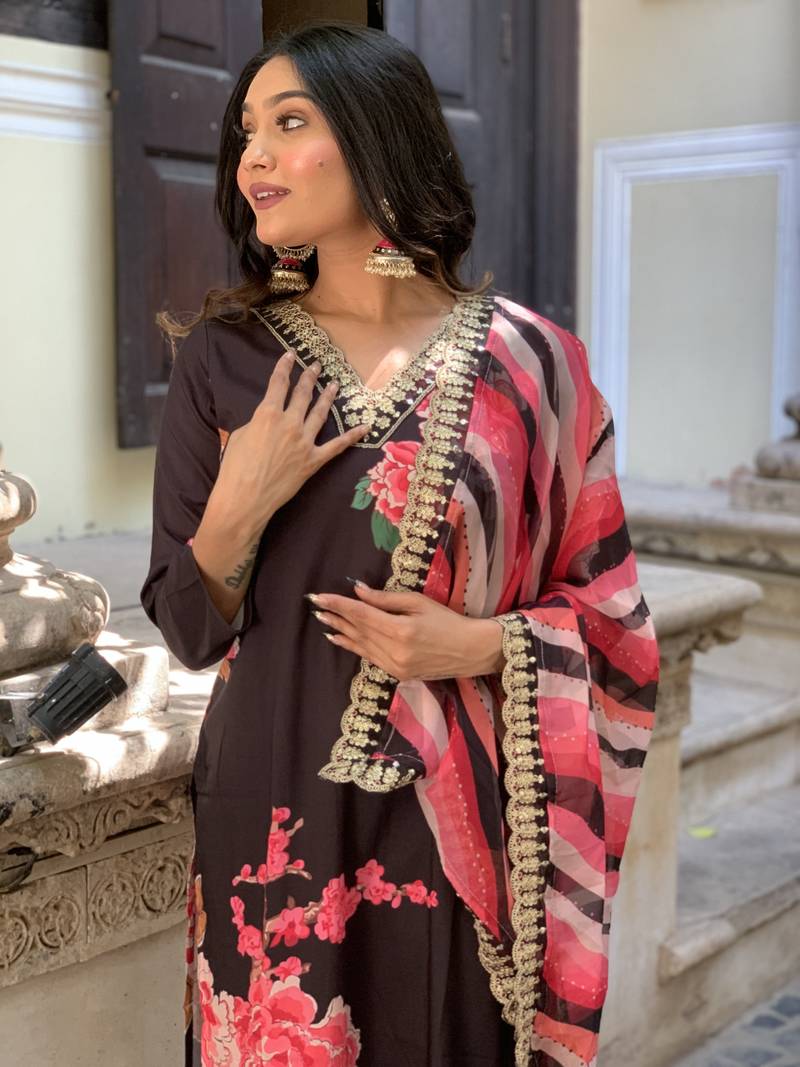 Black Muslin Fabric Printed and Embroidered work Straight cut Kurta Pant and Dupatta Set