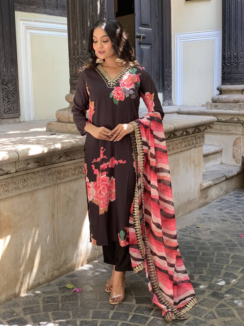 Black Muslin Fabric Printed and Embroidered work Straight cut Kurta Pant and Dupatta Set