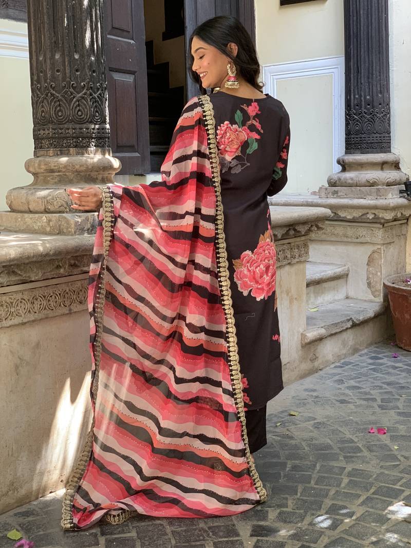Black Muslin Fabric Printed and Embroidered work Straight cut Kurta Pant and Dupatta Set
